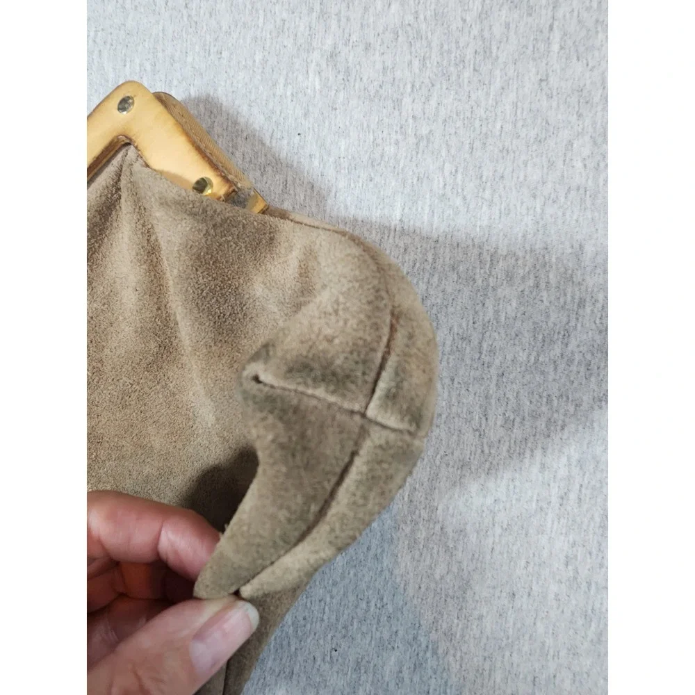 Vintage Suede Wood Frame Clutch Bag Womens Medium Brown Bohemian Made in HK